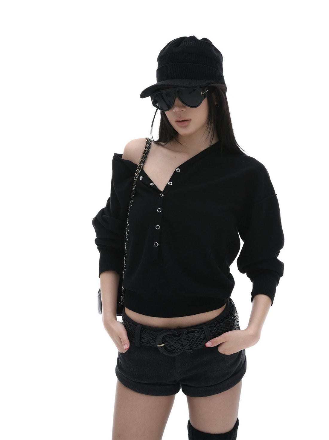 iamxiaa V-neck Henley Hidden Button One Shoulder Women&