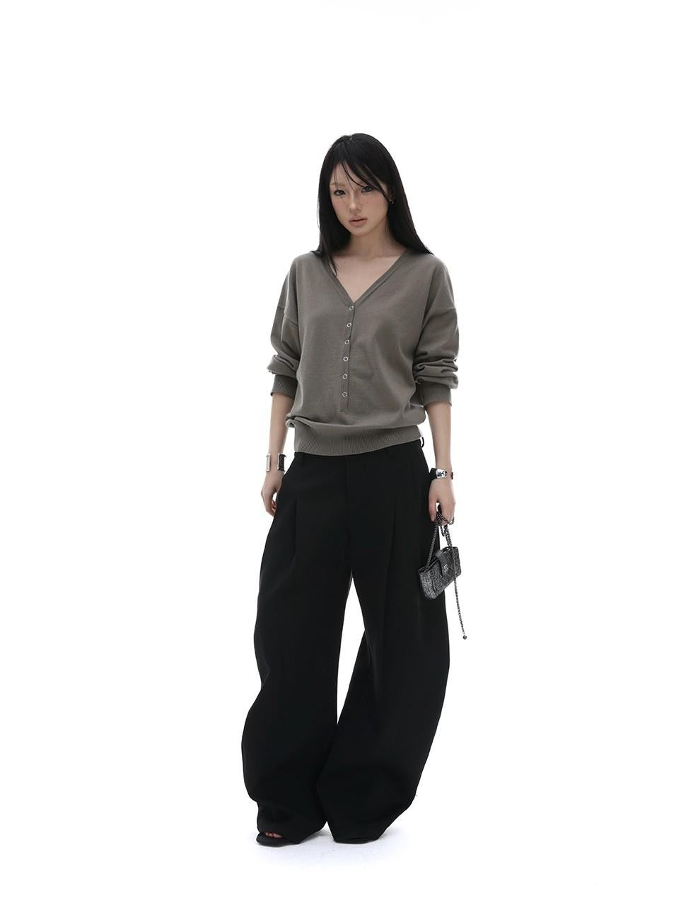 iamxiaa V-neck Henley Hidden Button One Shoulder Women&