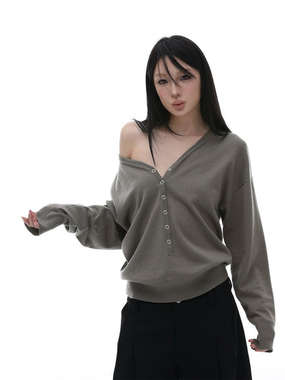 iamxiaa V-neck Henley Hidden Button One Shoulder Women&