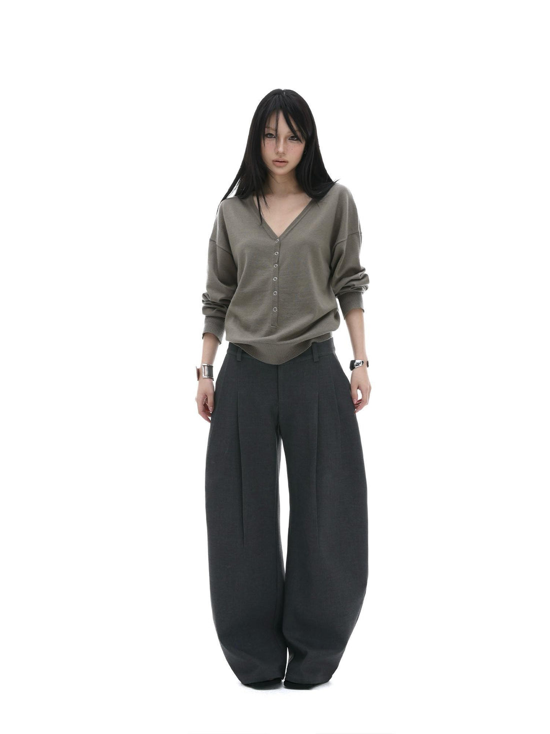 iamxiaa V-neck Henley Hidden Button One Shoulder Women&