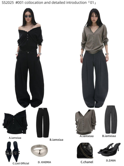 iamxiaa V-neck Henley Hidden Button One Shoulder Women&