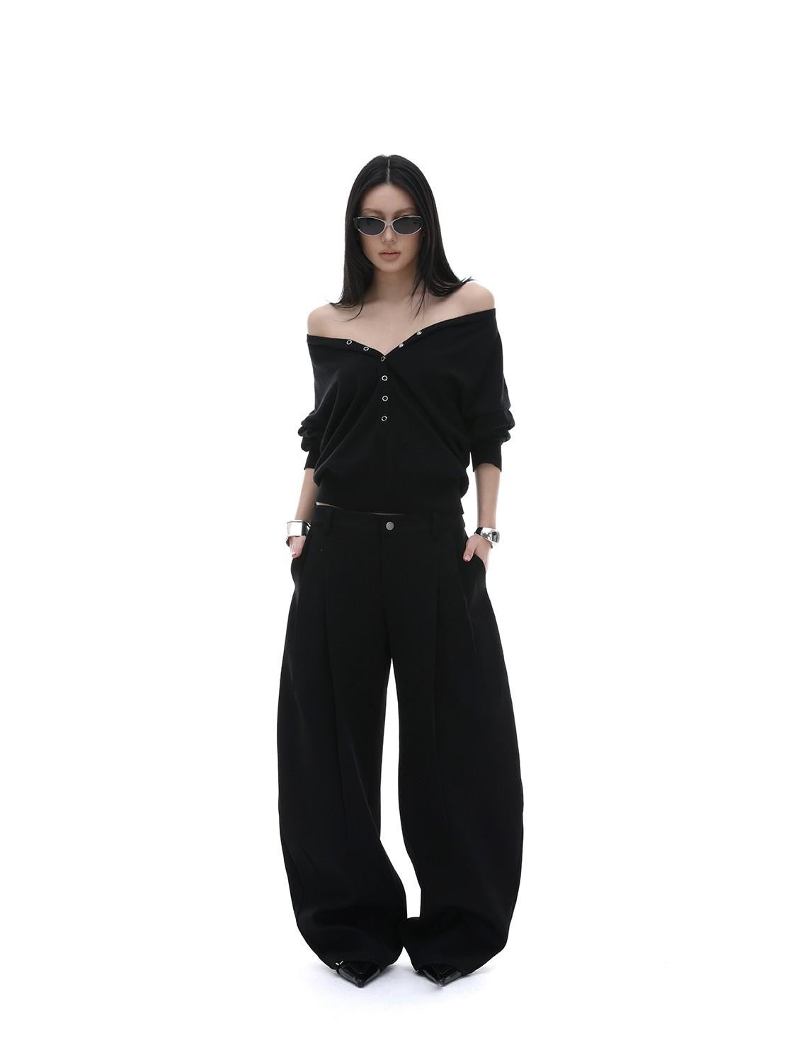 iamxiaa V-neck Henley Hidden Button One Shoulder Women&