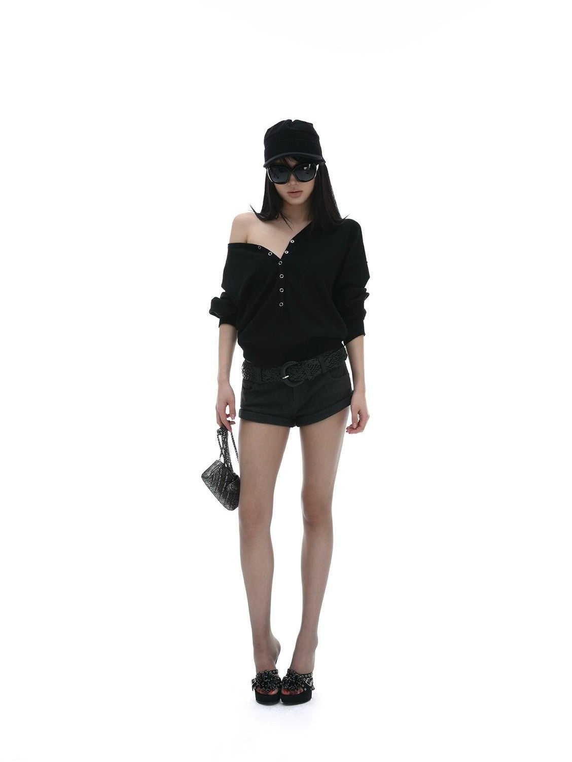iamxiaa V-neck Henley Hidden Button One Shoulder Women&