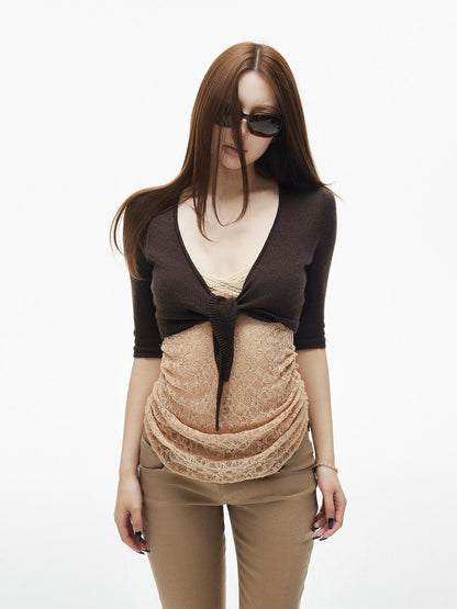 iamxiaa V-neck Layered Cropped Two Tone Mid Sleeve Women&