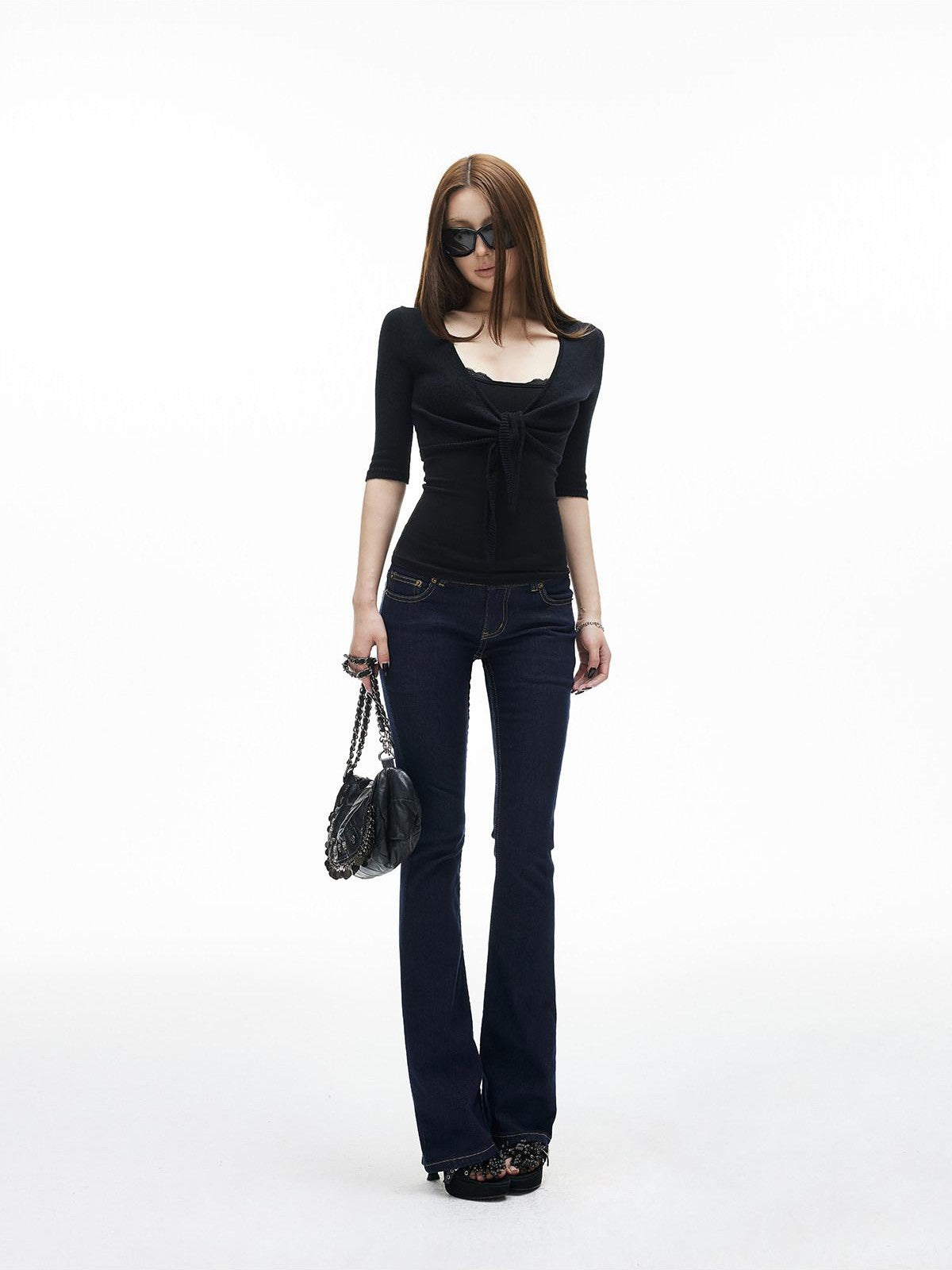 iamxiaa V-neck Layered Cropped Two Tone Mid Sleeve Women&
