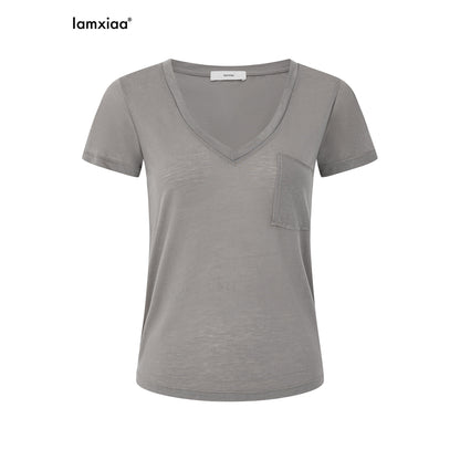 iamxiaa_V-neck_Patch_Pocket_Cap_Sleeve_Women&
