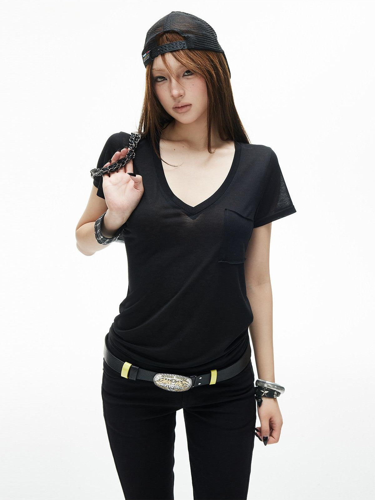 iamxiaa V-neck Patch Pocket Cap Sleeve Women&