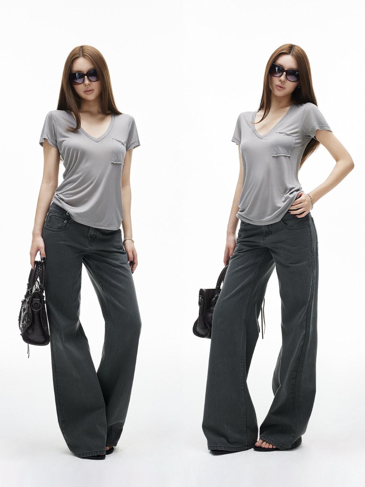 iamxiaa V-neck Patch Pocket Cap Sleeve Women&