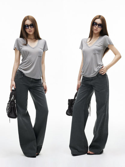 iamxiaa V-neck Patch Pocket Cap Sleeve Women&