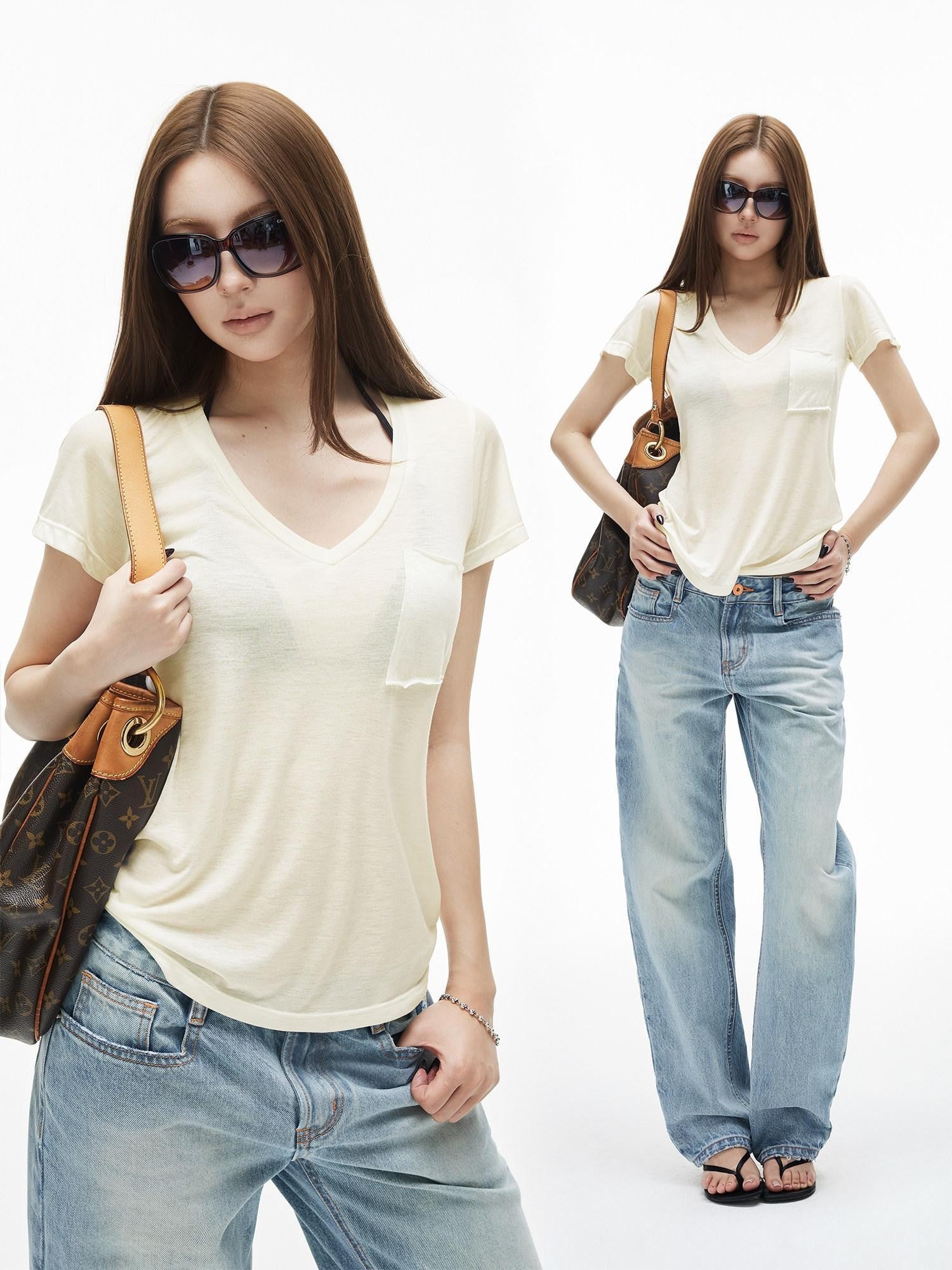 iamxiaa V-neck Patch Pocket Cap Sleeve Women&