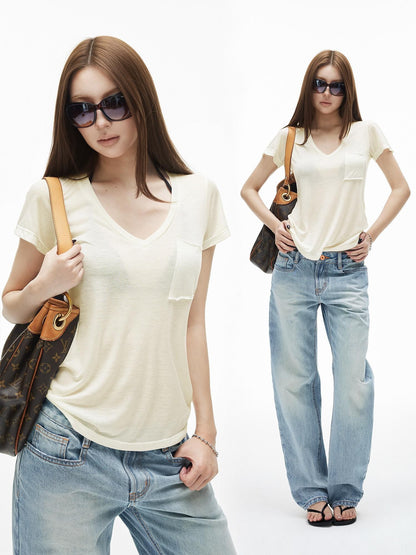 iamxiaa V-neck Patch Pocket Cap Sleeve Women&