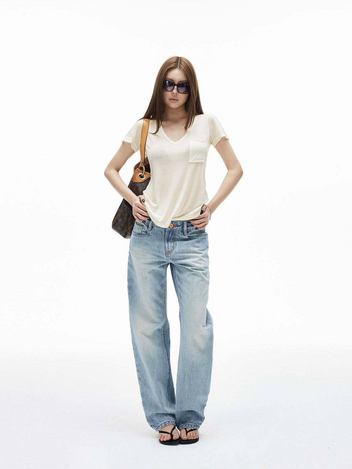 iamxiaa V-neck Patch Pocket Cap Sleeve Women&
