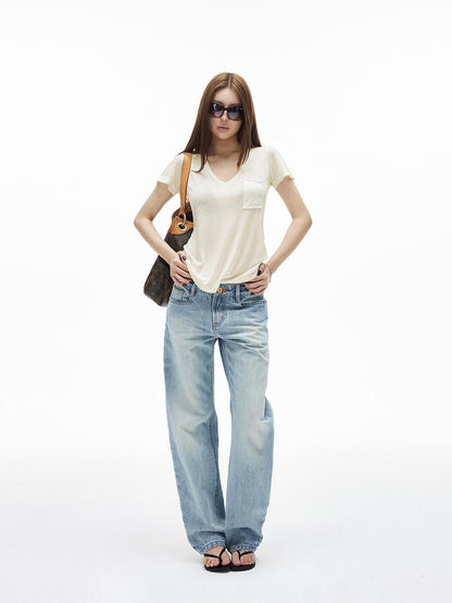 iamxiaa V-neck Patch Pocket Cap Sleeve Women&