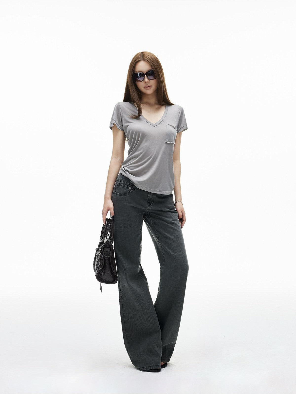 iamxiaa V-neck Patch Pocket Cap Sleeve Women&