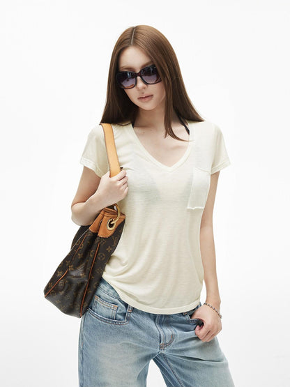 iamxiaa V-neck Patch Pocket Cap Sleeve Women&