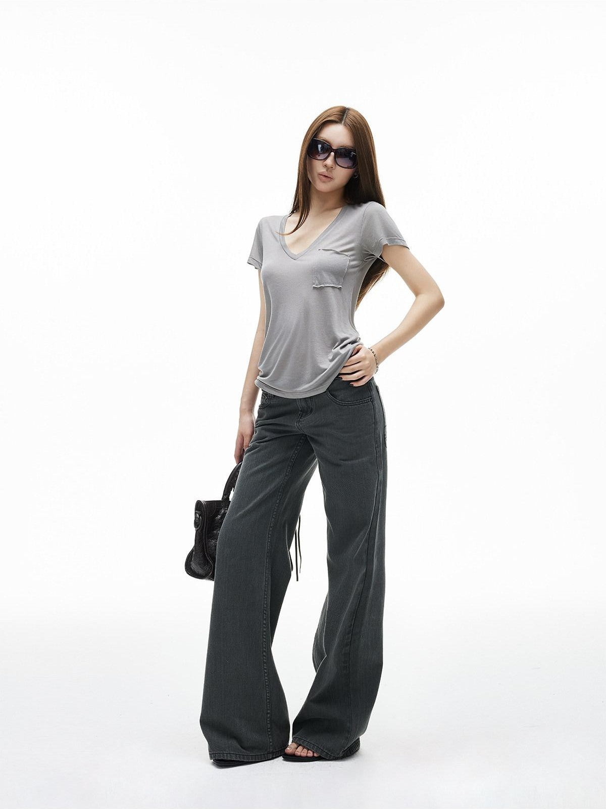 iamxiaa V-neck Patch Pocket Cap Sleeve Women&