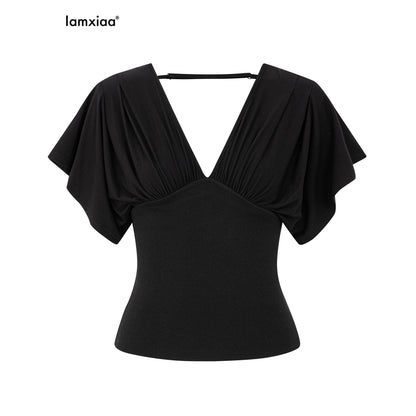 iamxiaa_V-neck_Ruffle_Sleeve_Cinched_Waist_Low_Rise_Bodycon_Women&