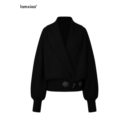 iamxiaa_Vertical_Rib_Turndown_Collar_Horn_Toggle_Lantern_Sleeve_Women&
