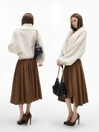iamxiaa Vertical Rib Turndown Collar Horn Toggle Lantern Sleeve Women&