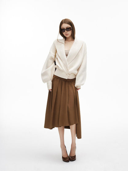 iamxiaa Vertical Rib Turndown Collar Horn Toggle Lantern Sleeve Women&
