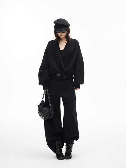 iamxiaa Vertical Rib Turndown Collar Horn Toggle Lantern Sleeve Women&