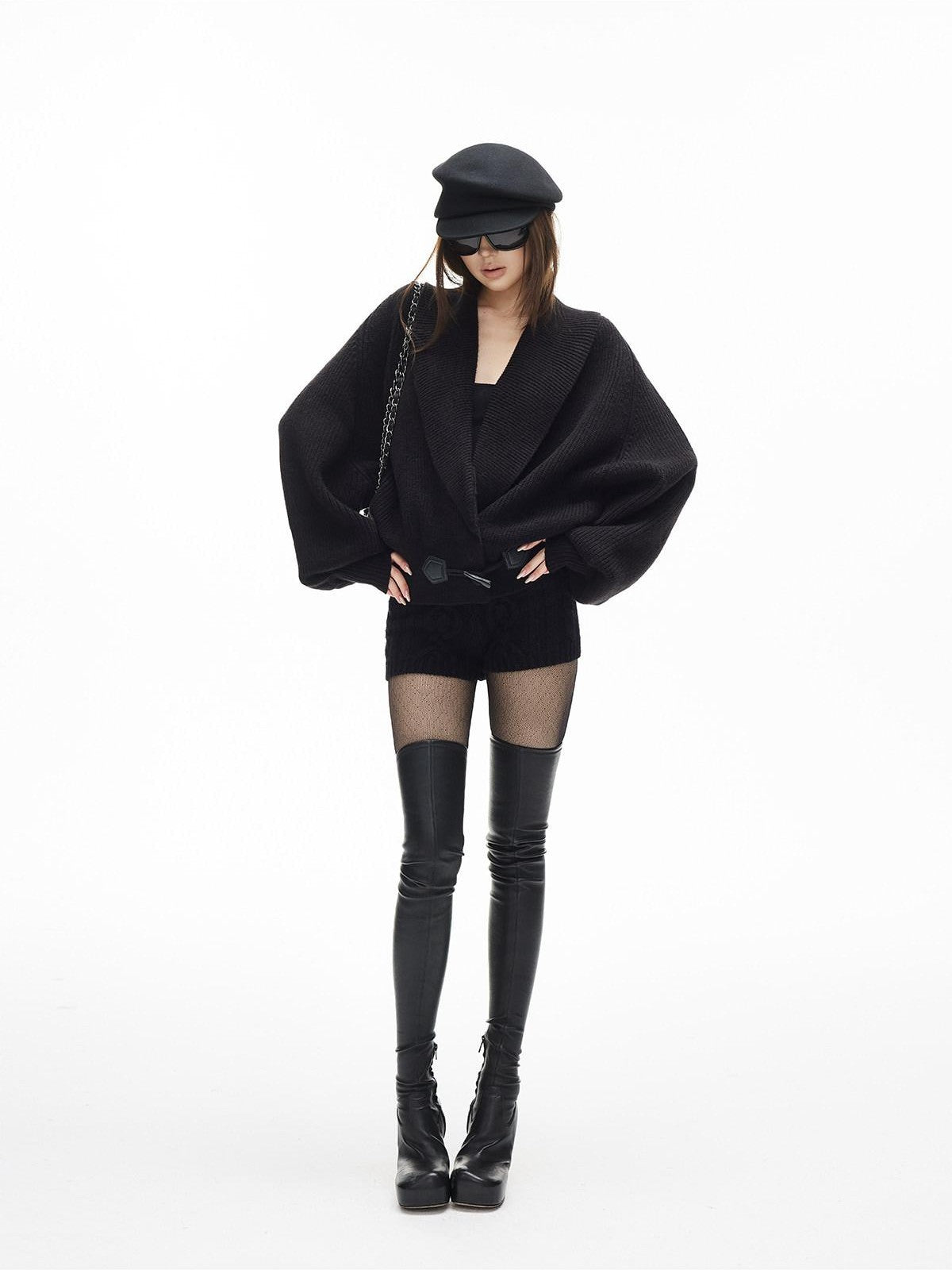 iamxiaa Vertical Rib Turndown Collar Horn Toggle Lantern Sleeve Women&