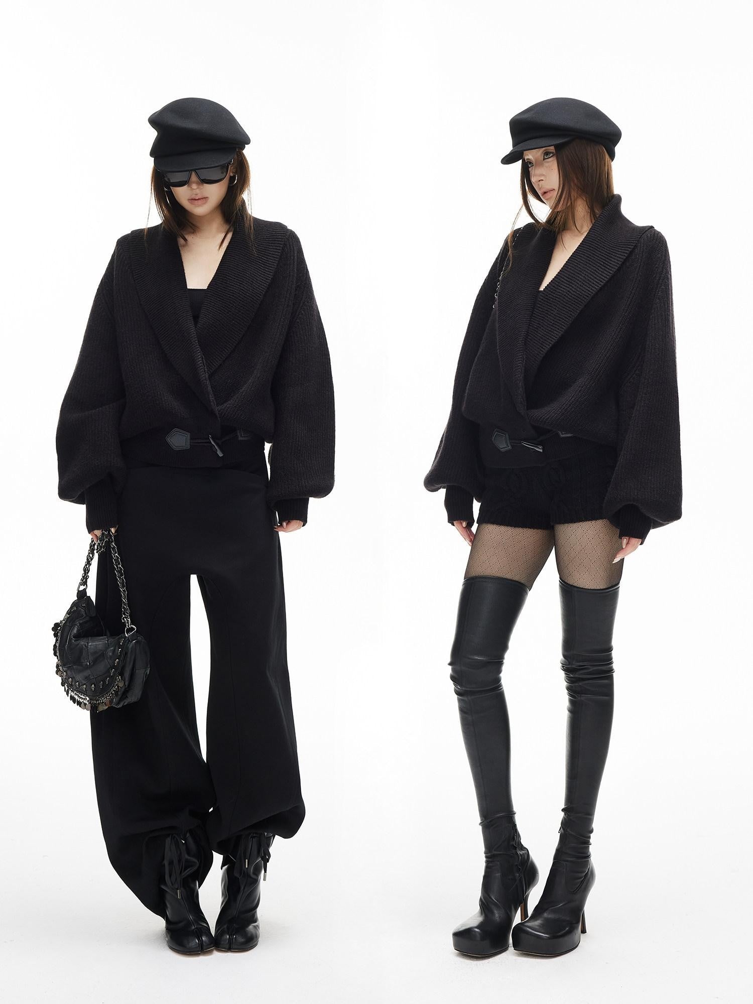 iamxiaa Vertical Rib Turndown Collar Horn Toggle Lantern Sleeve Women&