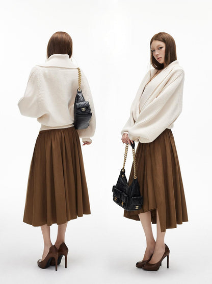 iamxiaa Vertical Rib Turndown Collar Horn Toggle Lantern Sleeve Women&