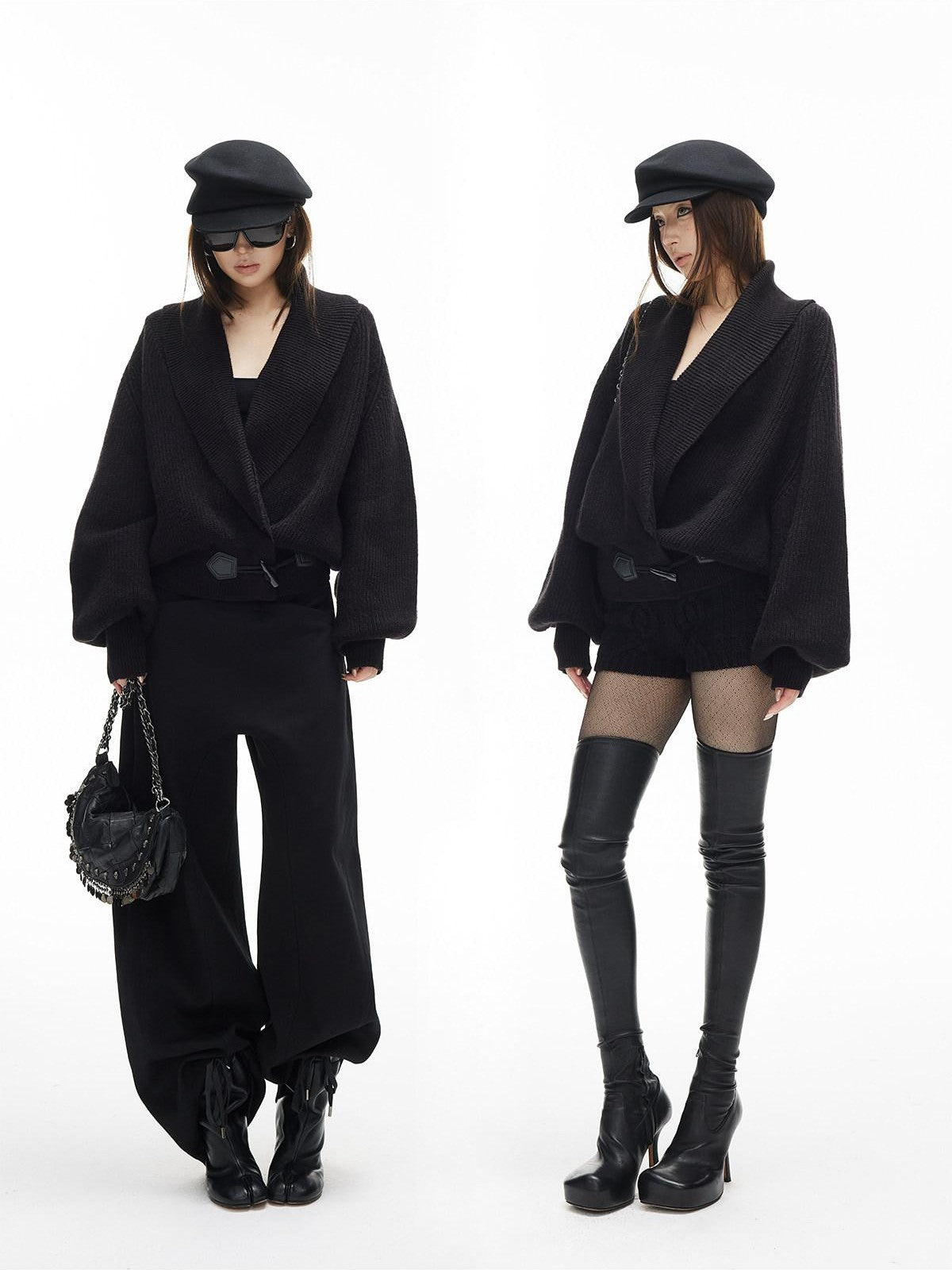iamxiaa Vertical Rib Turndown Collar Horn Toggle Lantern Sleeve Women&