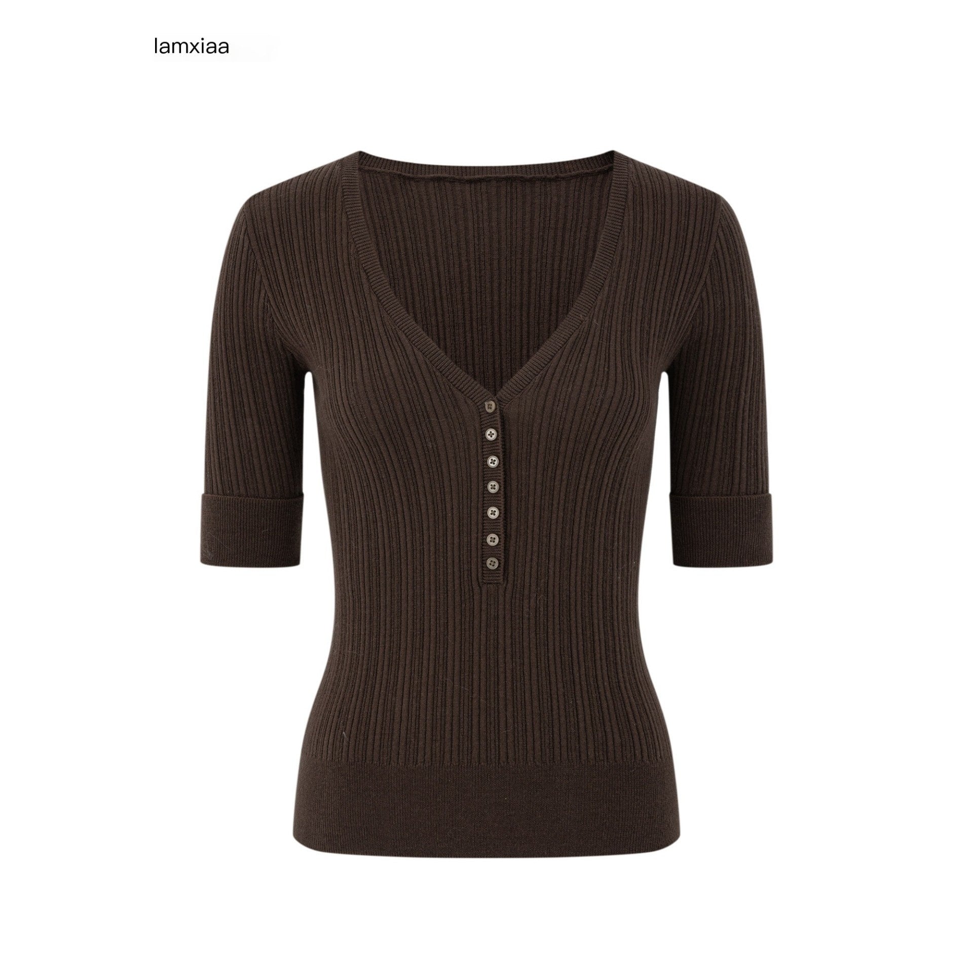 iamxiaa_Vertical_Rib_V_Henley_Mid_Sleeve_Slim_Fit_Women&