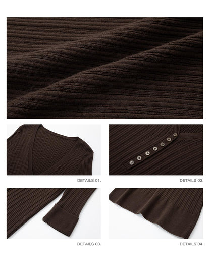 iamxiaa Vertical Rib V Henley Mid Sleeve Slim Fit Women&