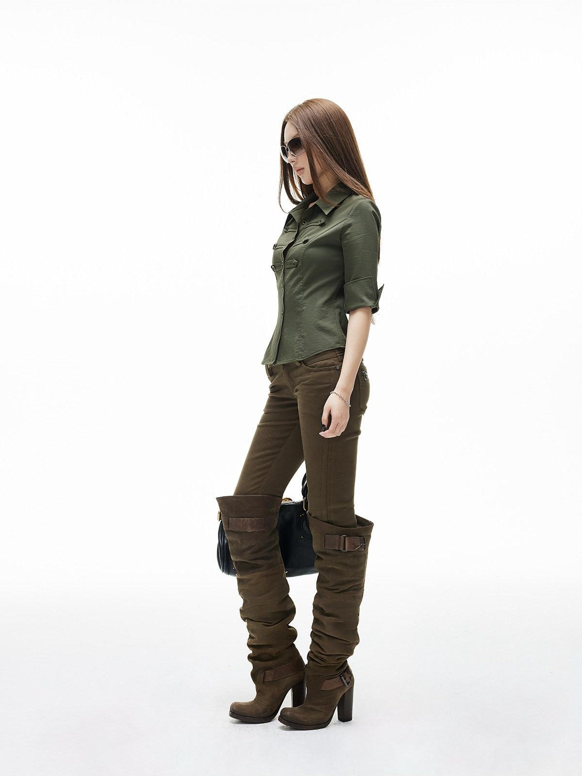 iamxiaa Vintage Army Green Napoleonic Cropped High Waist Slim Mid Sleeve Women&
