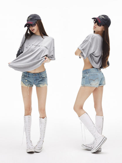 iamxiaa Vintage Asymmetrical Ripped Low Rise Cuffed Women&