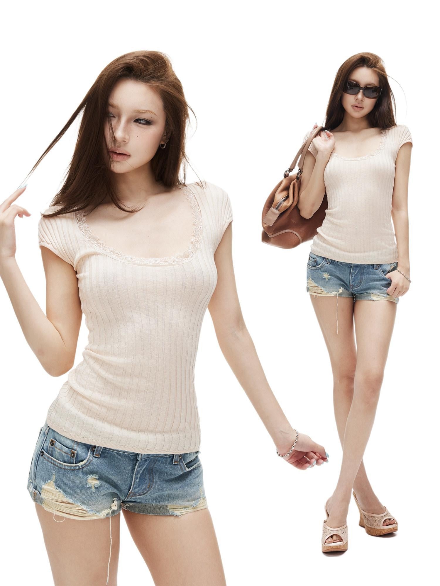 iamxiaa Vintage Asymmetrical Ripped Low Rise Cuffed Women&