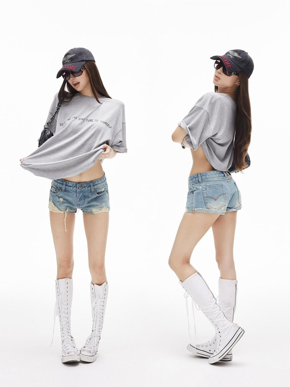 iamxiaa Vintage Asymmetrical Ripped Low Rise Cuffed Women&