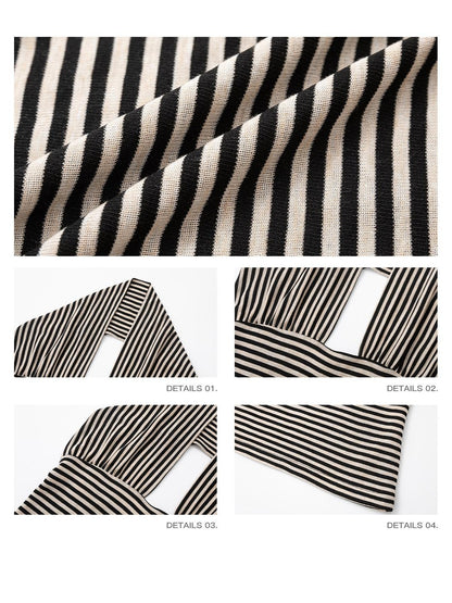 iamxiaa Vintage Black Brown Striped Wide Strap Low Back Women&