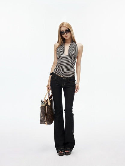 iamxiaa Vintage Black Brown Striped Wide Strap Low Back Women&