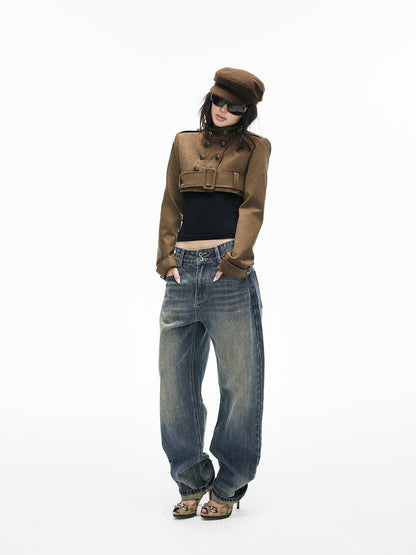 iamxiaa Vintage Brown Faux Suede Stand Collar Double Breasted Belted Women&