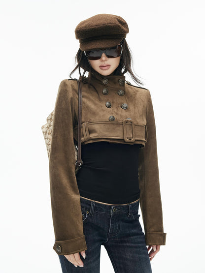 iamxiaa Vintage Brown Faux Suede Stand Collar Double Breasted Belted Women&