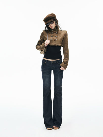 iamxiaa Vintage Brown Faux Suede Stand Collar Double Breasted Belted Women&