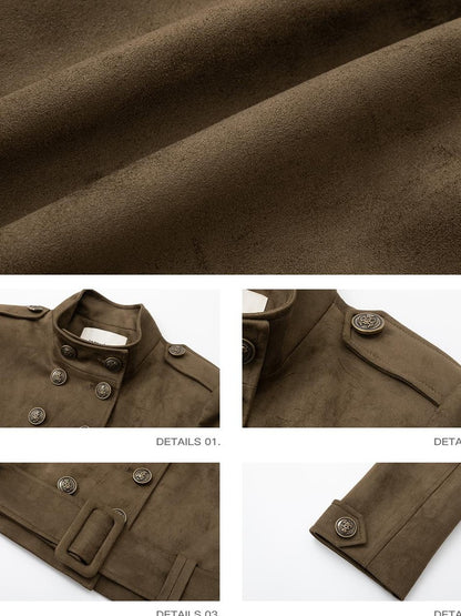 iamxiaa Vintage Brown Faux Suede Stand Collar Double Breasted Belted Women&