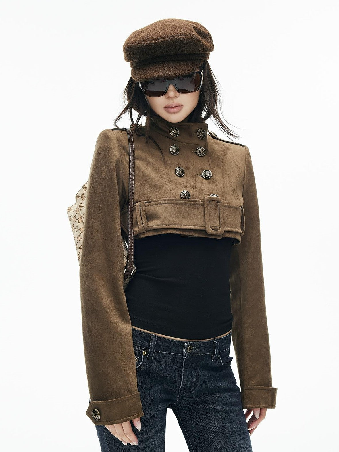 iamxiaa Vintage Brown Faux Suede Stand Collar Double Breasted Belted Women&