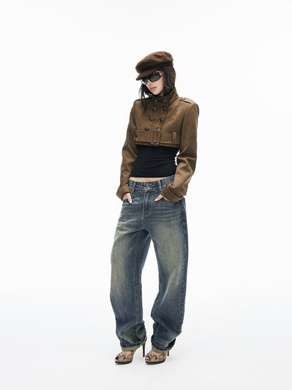 iamxiaa Vintage Brown Faux Suede Stand Collar Double Breasted Belted Women&