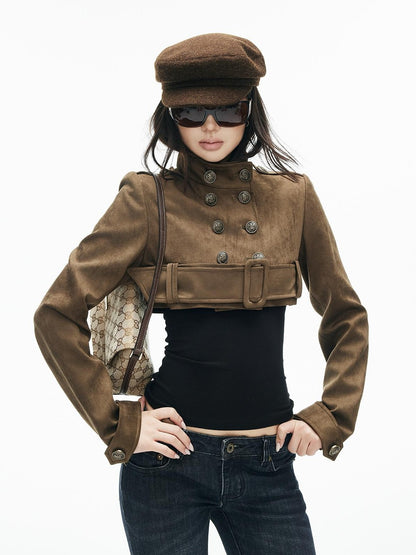 iamxiaa Vintage Brown Faux Suede Stand Collar Double Breasted Belted Women&