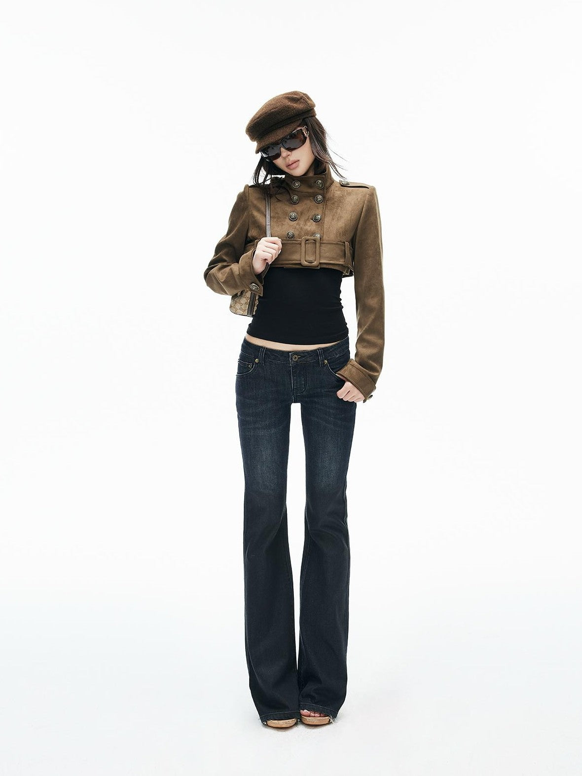 iamxiaa Vintage Brown Faux Suede Stand Collar Double Breasted Belted Women&