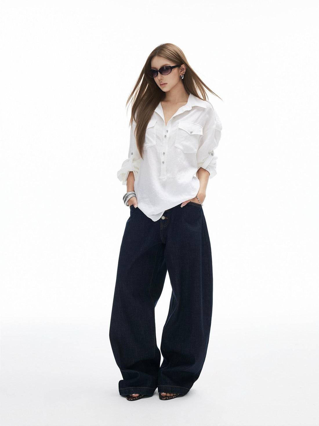 iamxiaa Vintage Button Fly Contrast Topstitch Women&