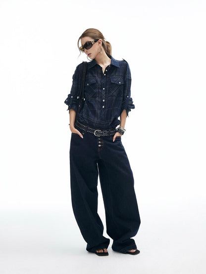 iamxiaa Vintage Button Fly Contrast Topstitch Women&