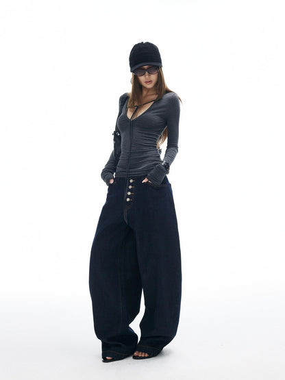 iamxiaa Vintage Button Fly Contrast Topstitch Women&