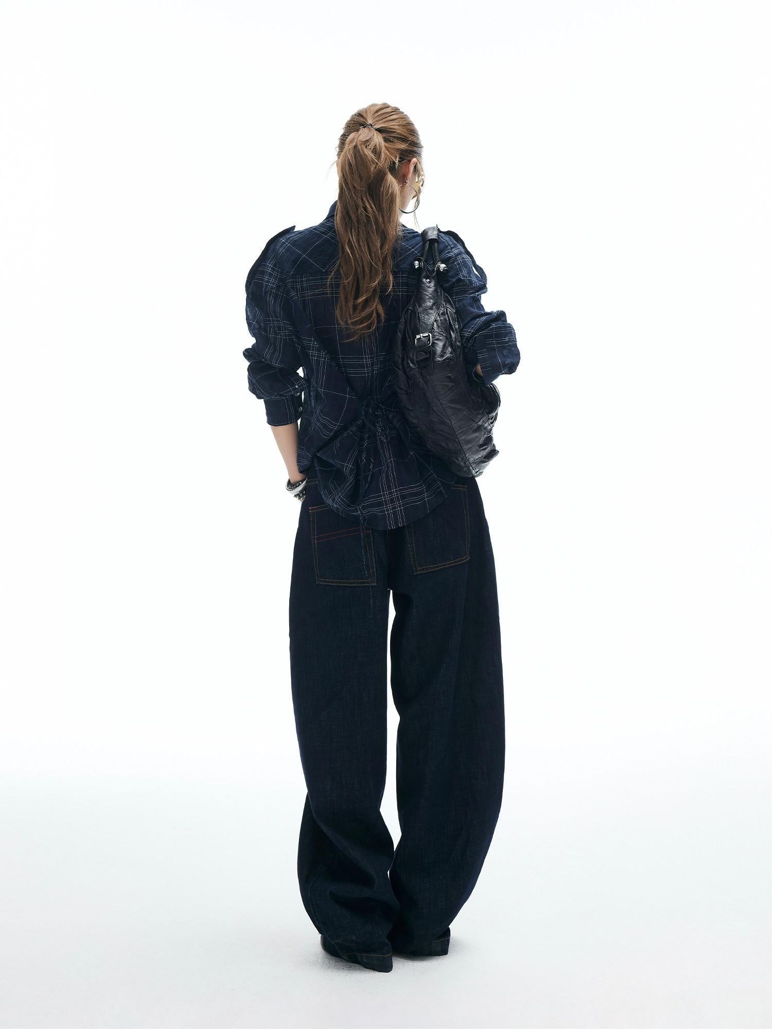 iamxiaa Vintage Button Fly Contrast Topstitch Women&