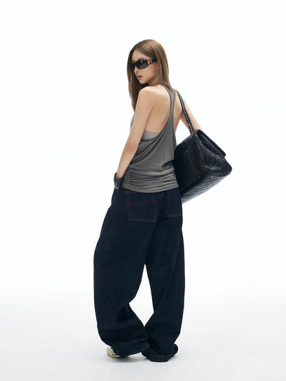 iamxiaa Vintage Button Fly Contrast Topstitch Women&